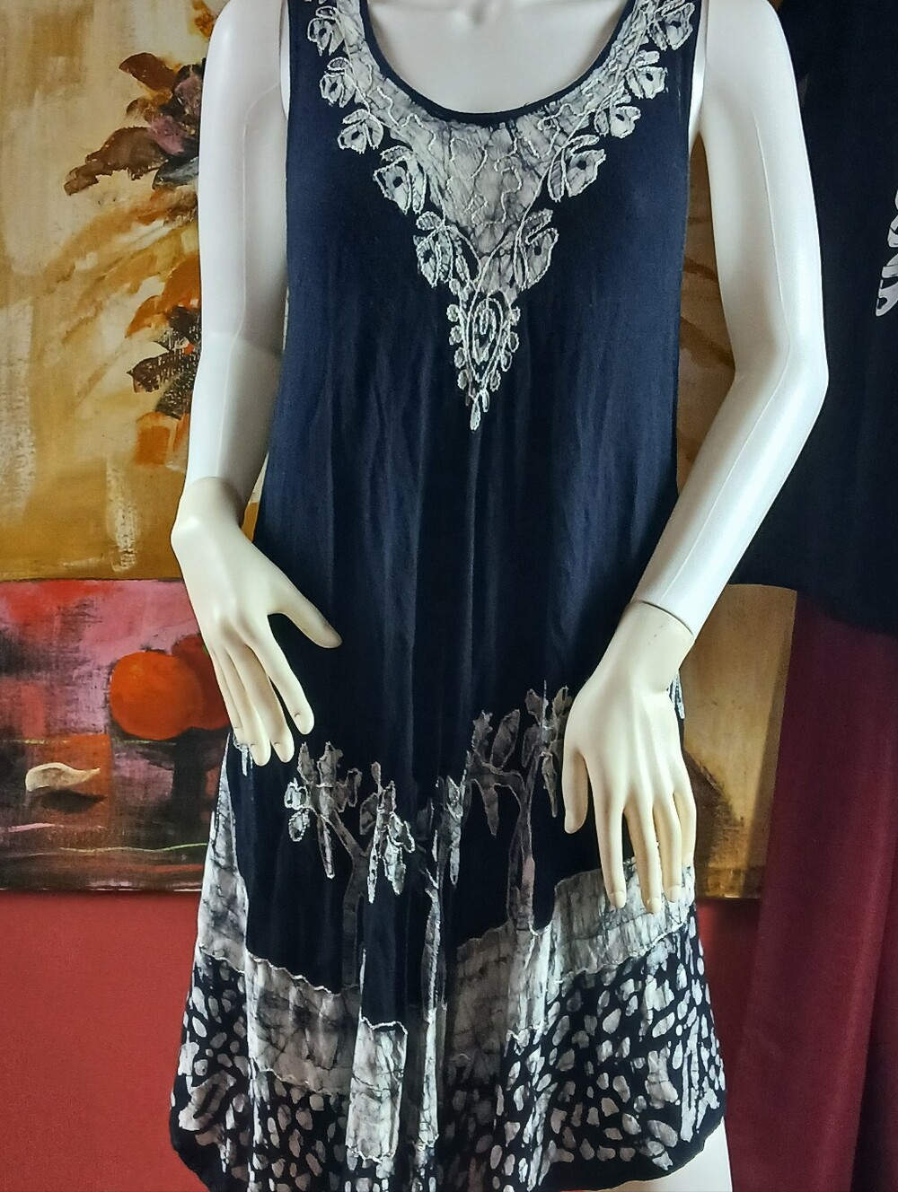 Black Sleeveless Tunic with White Lace-Inspired Embroidery